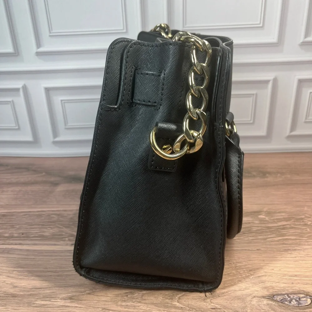 Michael Kors Hamilton Satchel Womens Medium Black Saffiano Leather‎ Gold Padlock